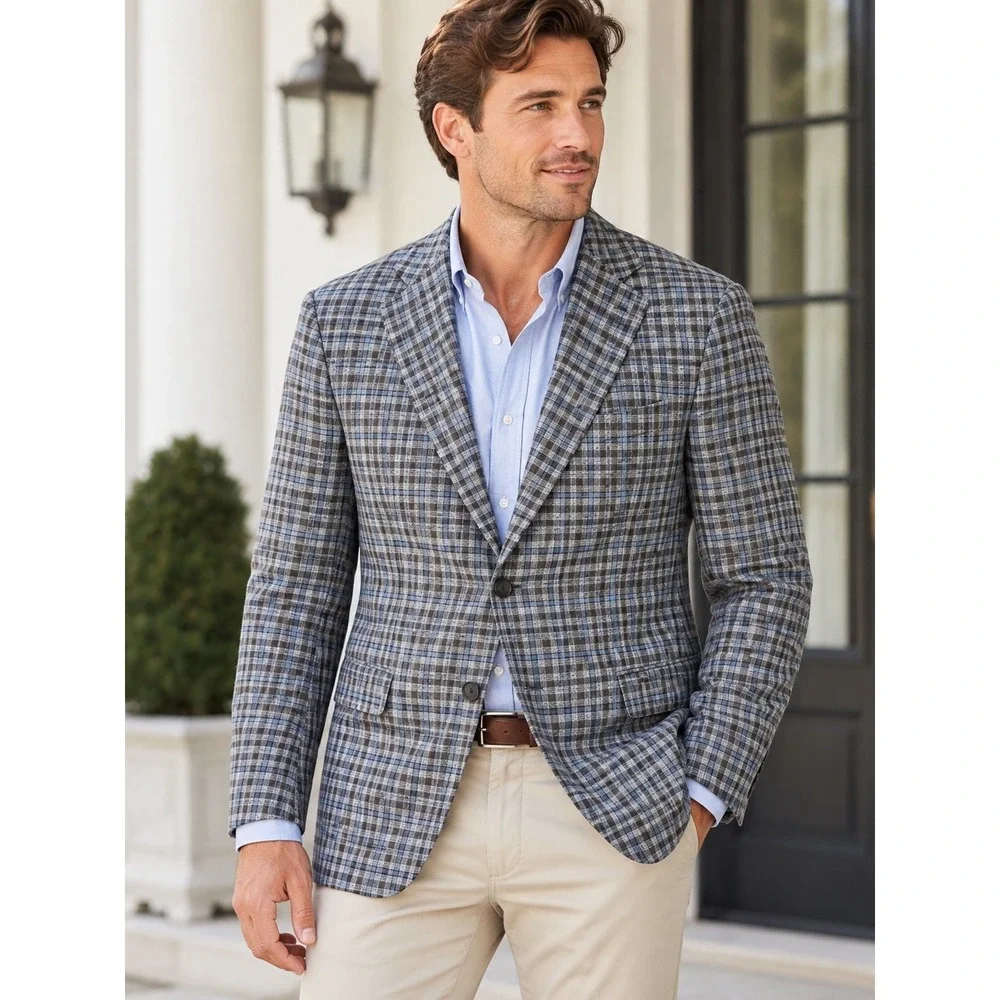 Ermenegildo Zegna DUO Blue Plaid Linen Silk Street Jacket Blazer Switzerland